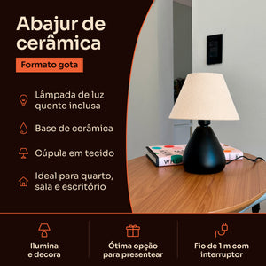 Abajur gota de cerâmica preto com cúpula de tecido: lâmpada inclusa, base de cerâmica e fio de 1 m com interruptor #preto #tecido