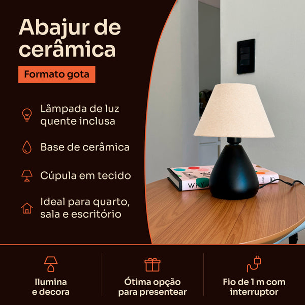 Abajur gota de cerâmica preto com cúpula de tecido: lâmpada inclusa, base de cerâmica e fio de 1 m com interruptor #preto #tecido