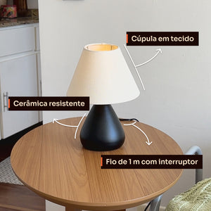 Detalhes do abajur gota preto: cúpula de tecido, cerâmica resistente e fio com interruptor #preto #tecido