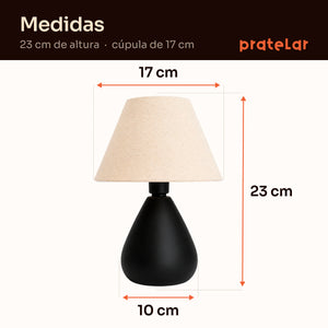 Medidas do abajur gota preto com cúpula de tecido: 23 cm de altura, cúpula de 17 cm e base de 10 cm #preto #tecido