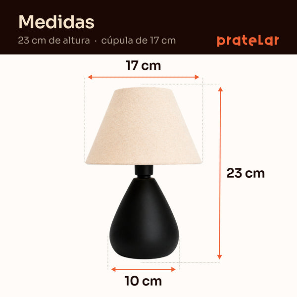 Medidas do abajur gota preto com cúpula de tecido: 23 cm de altura, cúpula de 17 cm e base de 10 cm #preto #tecido