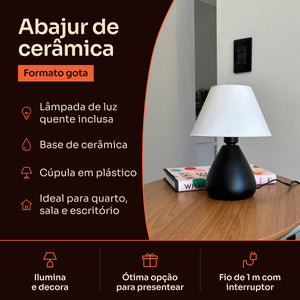 Abajur gota de cerâmica preto com cúpula de plástico: lâmpada inclusa, base de cerâmica e fio de 1 m com interruptor #preto #plástico