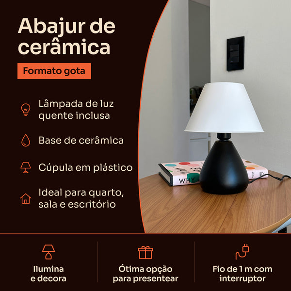 Abajur gota de cerâmica preto com cúpula de plástico: lâmpada inclusa, base de cerâmica e fio de 1 m com interruptor #preto #plástico