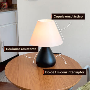 Detalhes do abajur gota preto: cúpula de plástico, cerâmica resistente e fio com interruptor #preto #plástico
