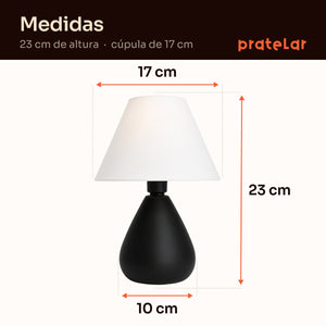 Medidas do abajur gota preto com cúpula de plástico: 23 cm de altura, cúpula de 17 cm e base de 10 cm #preto #plástico