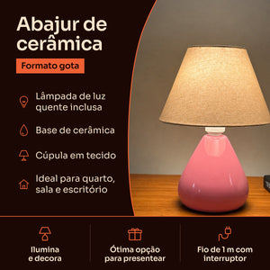 Abajur gota de cerâmica rosa com cúpula de tecido: lâmpada inclusa, base de cerâmica e fio de 1 m com interruptor #rosabrilhante #tecido