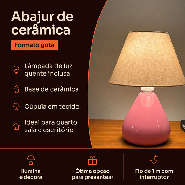 Abajur gota de cerâmica rosa com cúpula de tecido: lâmpada inclusa, base de cerâmica e fio de 1 m com interruptor #rosabrilhante #tecido