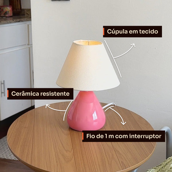 Detalhes do abajur gota rosa: cúpula de tecido, cerâmica resistente e fio com interruptor #rosabrilhante #tecido
