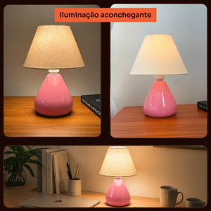 Abajur gota rosa com cúpula de tecido aceso no quarto, iluminação aconchegante #rosabrilhante #tecido