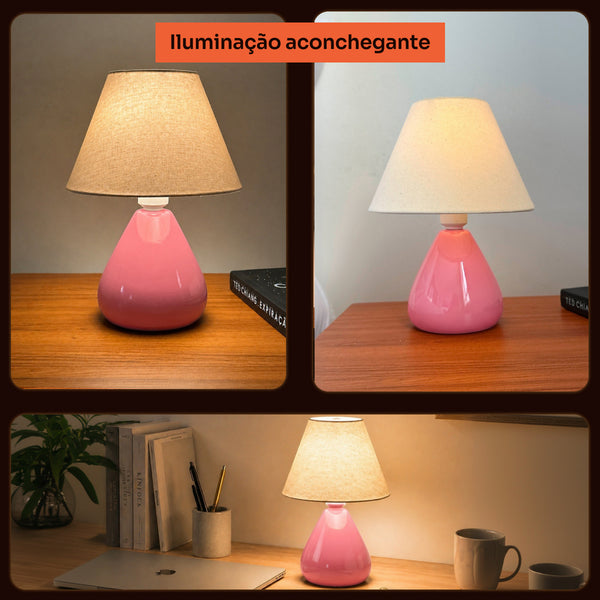 Abajur gota rosa com cúpula de tecido aceso no quarto, iluminação aconchegante #rosabrilhante #tecido