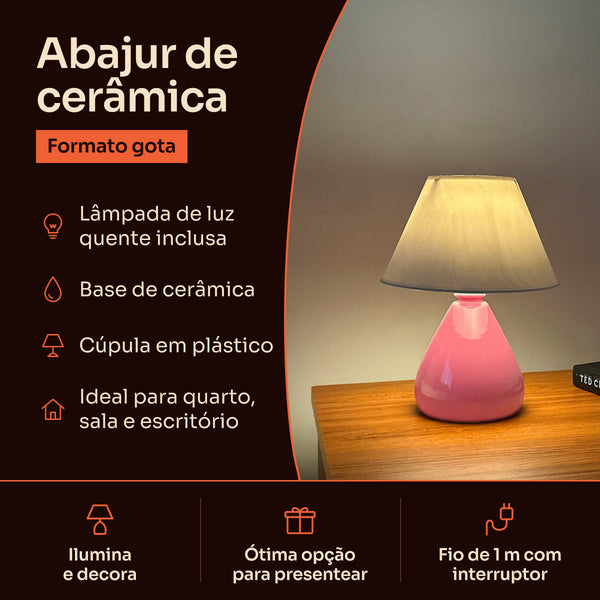 Abajur gota de cerâmica rosa com cúpula de plástico: lâmpada inclusa, base de cerâmica e fio de 1 m com interruptor #rosabrilhante #plástico