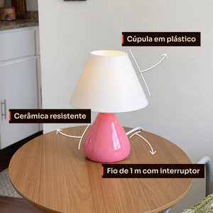 Detalhes do abajur gota rosa: cúpula de plástico, cerâmica resistente e fio com interruptor #rosabrilhante #plástico