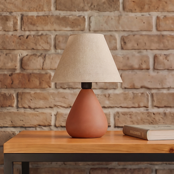 Abajur gota terracota com cúpula de tecido apagado de dia no criado-mudo de quarto industrial #terracota #tecido