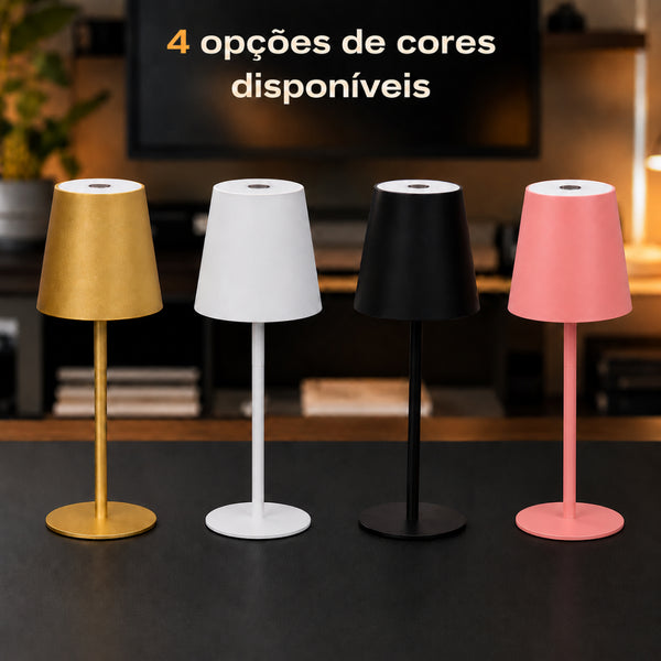 Cores do abajur touch: preto, branco, dourado e rosé
