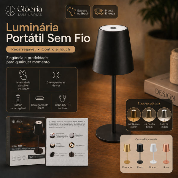 Abajur touch com três tons de luz