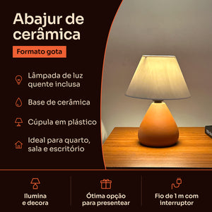 Abajur gota de cerâmica terracota com cúpula de plástico: lâmpada inclusa, base de cerâmica e fio de 1 m com interruptor #terracota #plástico