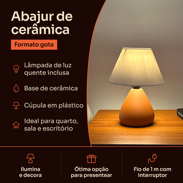 Abajur gota de cerâmica terracota com cúpula de plástico: lâmpada inclusa, base de cerâmica e fio de 1 m com interruptor #terracota #plástico