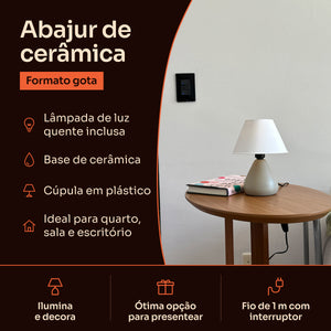 Abajur gota de cerâmica capuccino com cúpula de plástico: lâmpada inclusa, base de cerâmica e fio de 1 m com interruptor #capuccino #plástico