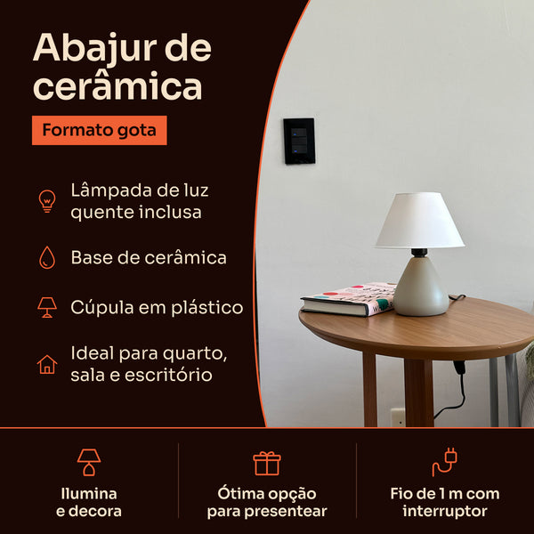 Abajur gota de cerâmica capuccino com cúpula de plástico: lâmpada inclusa, base de cerâmica e fio de 1 m com interruptor #capuccino #plástico
