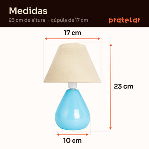 Medidas do abajur gota azul com cúpula de tecido: 23 cm de altura, cúpula de 17 cm e base de 10 cm #azulbrilhante #tecido