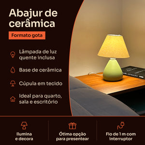 Abajur gota de cerâmica verde pistache com cúpula de tecido: lâmpada inclusa, base de cerâmica e fio de 1 m com interruptor #verdepistache #tecido