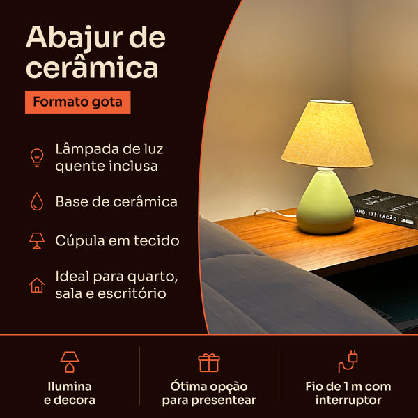 Abajur gota de cerâmica verde pistache com cúpula de tecido: lâmpada inclusa, base de cerâmica e fio de 1 m com interruptor #verdepistache #tecido
