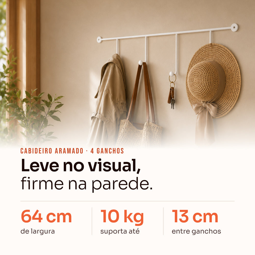 Cabideiro aramado de parede com 4 ganchos branco Pratelar #branco
