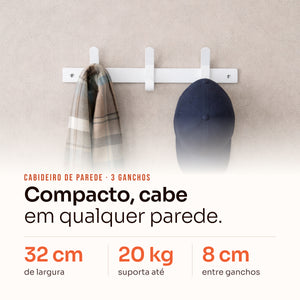 Cabideiro de parede 3 ganchos branco: ferro com pintura eletrostática, suporta até 20 kg #branco