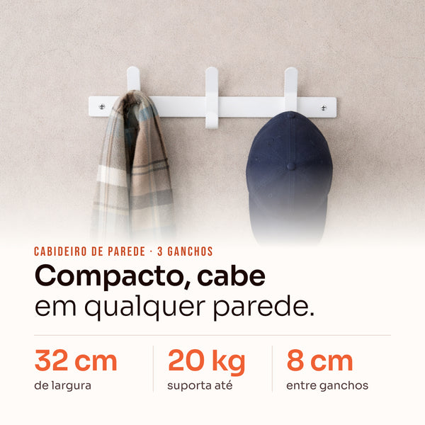 Cabideiro de parede 3 ganchos branco: ferro com pintura eletrostática, suporta até 20 kg #branco
