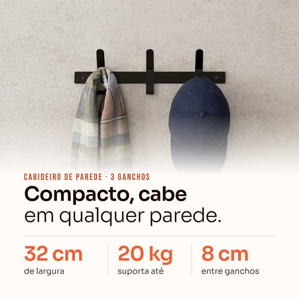 Cabideiro de parede de ferro com 3 ganchos preto Pratelar #preto