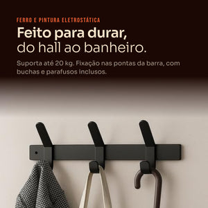 Cabideiro 3 ganchos preto com casaco, bolsa e guarda-chuva #preto