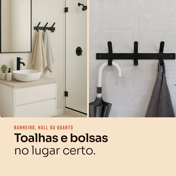 Cabideiro 3 ganchos preto no banheiro com toalhas #preto