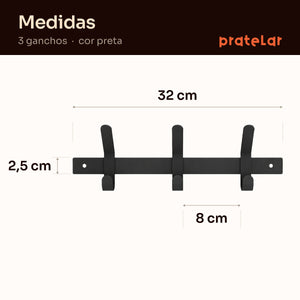 Medidas do cabideiro 3 ganchos: 32 cm de largura, 2,5 cm de altura, 8 cm entre ganchos #preto