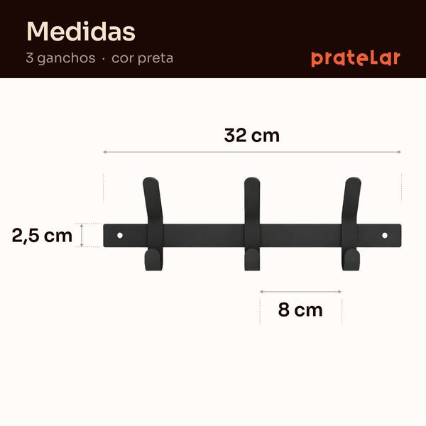 Medidas do cabideiro 3 ganchos: 32 cm de largura, 2,5 cm de altura, 8 cm entre ganchos #preto