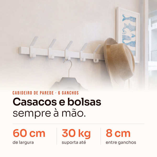 Cabideiro de parede 6 ganchos branco: ferro com pintura eletrostática, suporta até 30 kg #branco