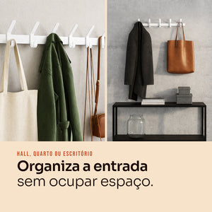 Cabideiro 6 ganchos branco com bolsas e casaco, entrada organizada #branco