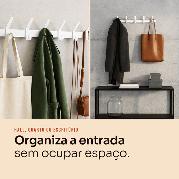 Cabideiro 6 ganchos branco com bolsas e casaco, entrada organizada #branco