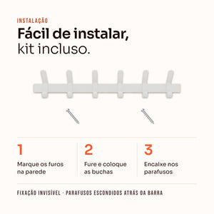 Fácil instalação do cabideiro 6 ganchos branco: buchas e parafusos inclusos, fixação invisível #branco