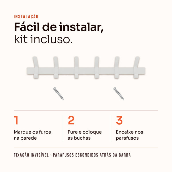 Fácil instalação do cabideiro 6 ganchos branco: buchas e parafusos inclusos, fixação invisível #branco
