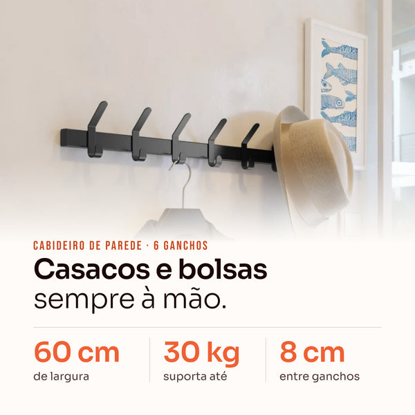 Cabideiro de parede 6 ganchos preto: ferro com pintura eletrostática, suporta até 30 kg #preto