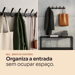Cabideiro 6 ganchos preto com bolsas e casaco, entrada organizada #preto