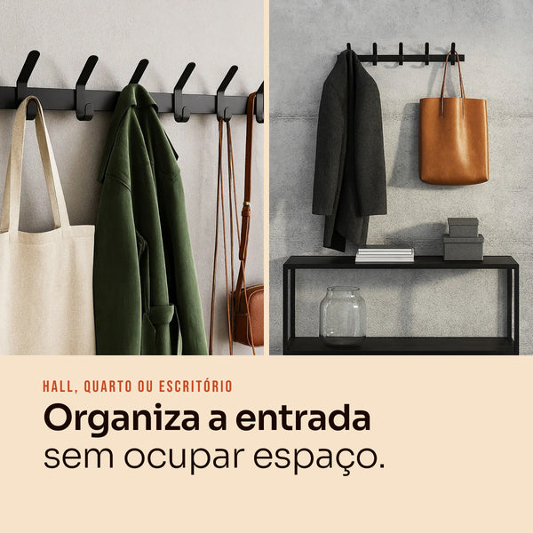 Cabideiro 6 ganchos preto com bolsas e casaco, entrada organizada #preto