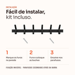 Fácil instalação do cabideiro 6 ganchos preto: buchas e parafusos inclusos, fixação invisível #preto