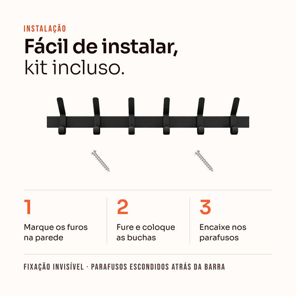 Fácil instalação do cabideiro 6 ganchos preto: buchas e parafusos inclusos, fixação invisível #preto