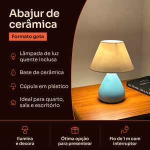 Abajur gota de cerâmica azul com cúpula de plástico: lâmpada inclusa, base de cerâmica e fio de 1 m com interruptor #azulbrilhante #plástico