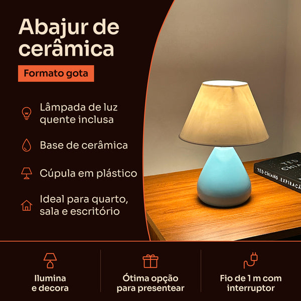 Abajur gota de cerâmica azul com cúpula de plástico: lâmpada inclusa, base de cerâmica e fio de 1 m com interruptor #azulbrilhante #plástico