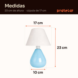 Medidas do abajur gota azul com cúpula de plástico: 23 cm de altura, cúpula de 17 cm e base de 10 cm #azulbrilhante #plástico