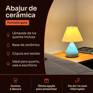 Abajur gota de cerâmica azul com cúpula de tecido: lâmpada inclusa, base de cerâmica e fio de 1 m com interruptor #azulbrilhante #tecido