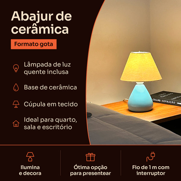 Abajur gota de cerâmica azul com cúpula de tecido: lâmpada inclusa, base de cerâmica e fio de 1 m com interruptor #azulbrilhante #tecido