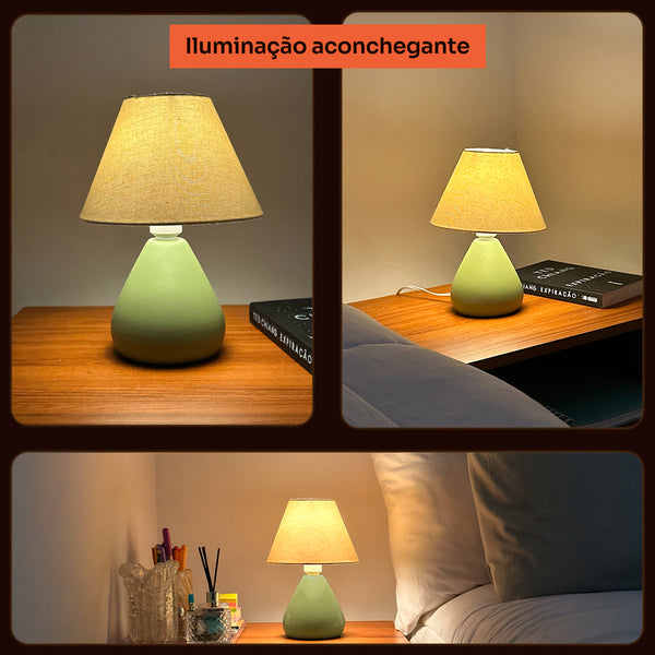 Abajur gota verde pistache com cúpula de tecido aceso no quarto, iluminação aconchegante #verdepistache #tecido